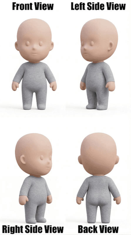 A Chibly character sheet showing the same figure from the front, sides, and back