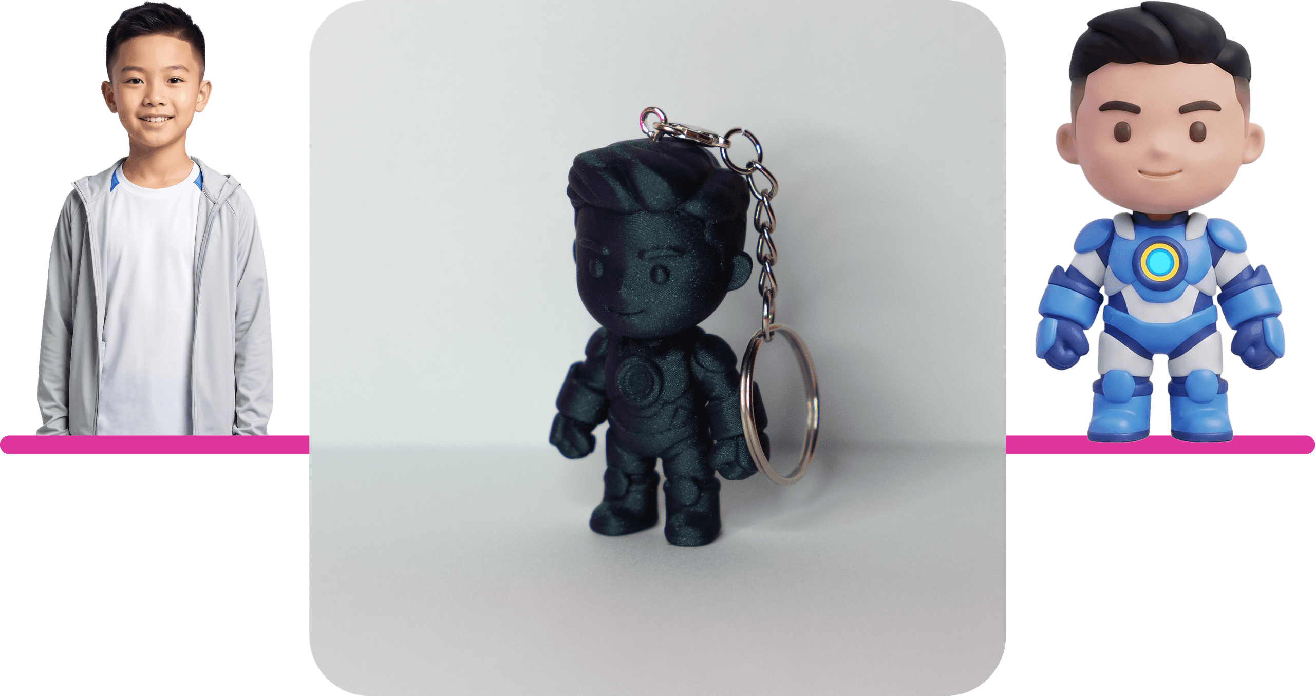 A boy's photo, his Chibly keychain printed in shimmering galaxy-flecked dark blue, and the power-hero Chibly design it was printed from — armored suit with a glowing core