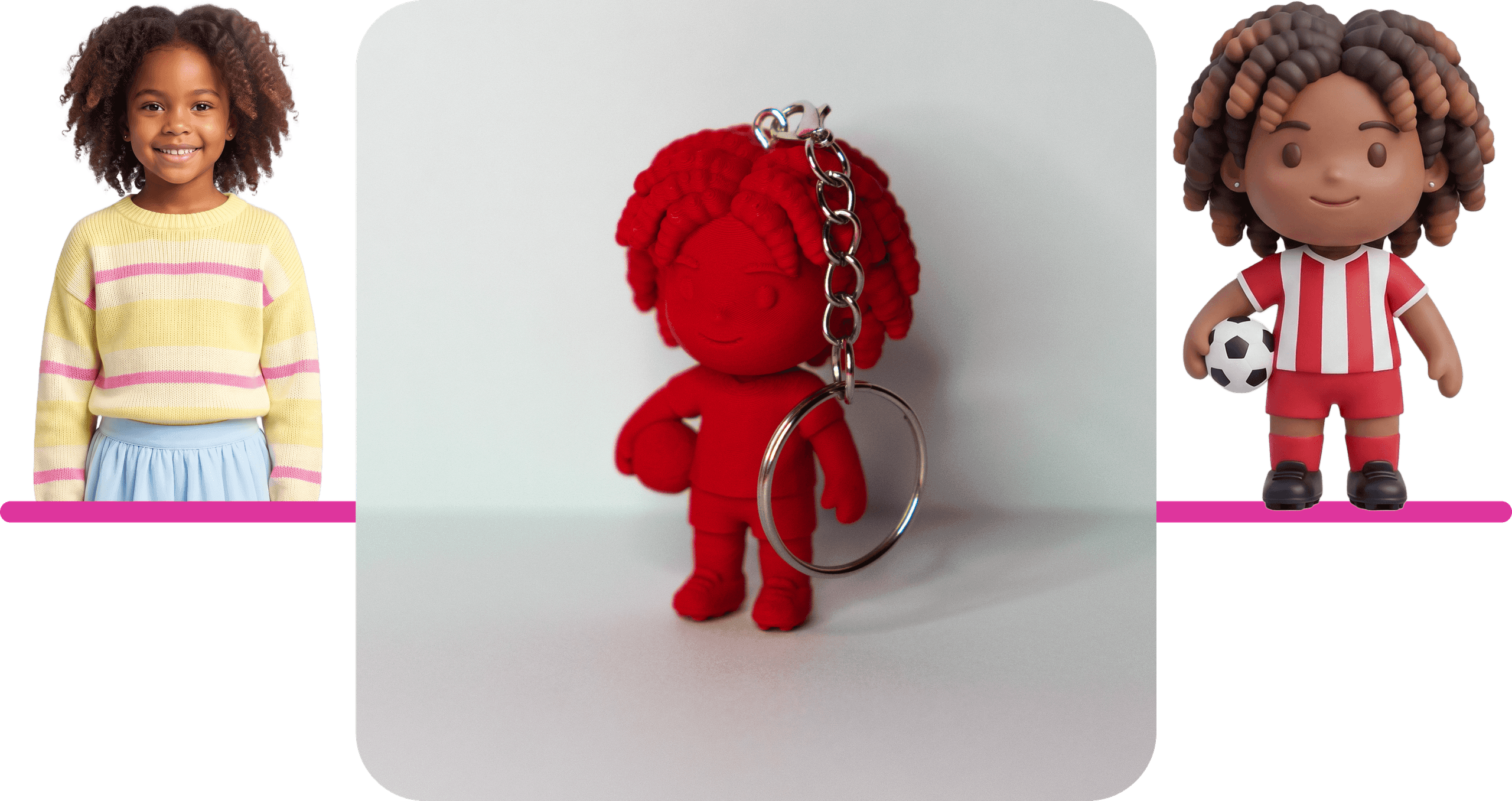 A young girl's photo, her Chibly keychain 3D-printed in bold matte red, and the soccer-theme Chibly design it was printed from — striped jersey, ball under one arm