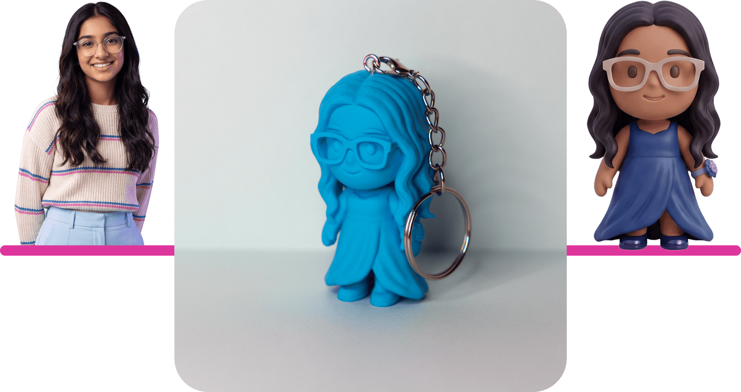 A teenage girl's photo, her Chibly keychain printed in bright matte sky blue, and the prom-theme Chibly design it was printed from — flowing dress, long wavy hair, glasses