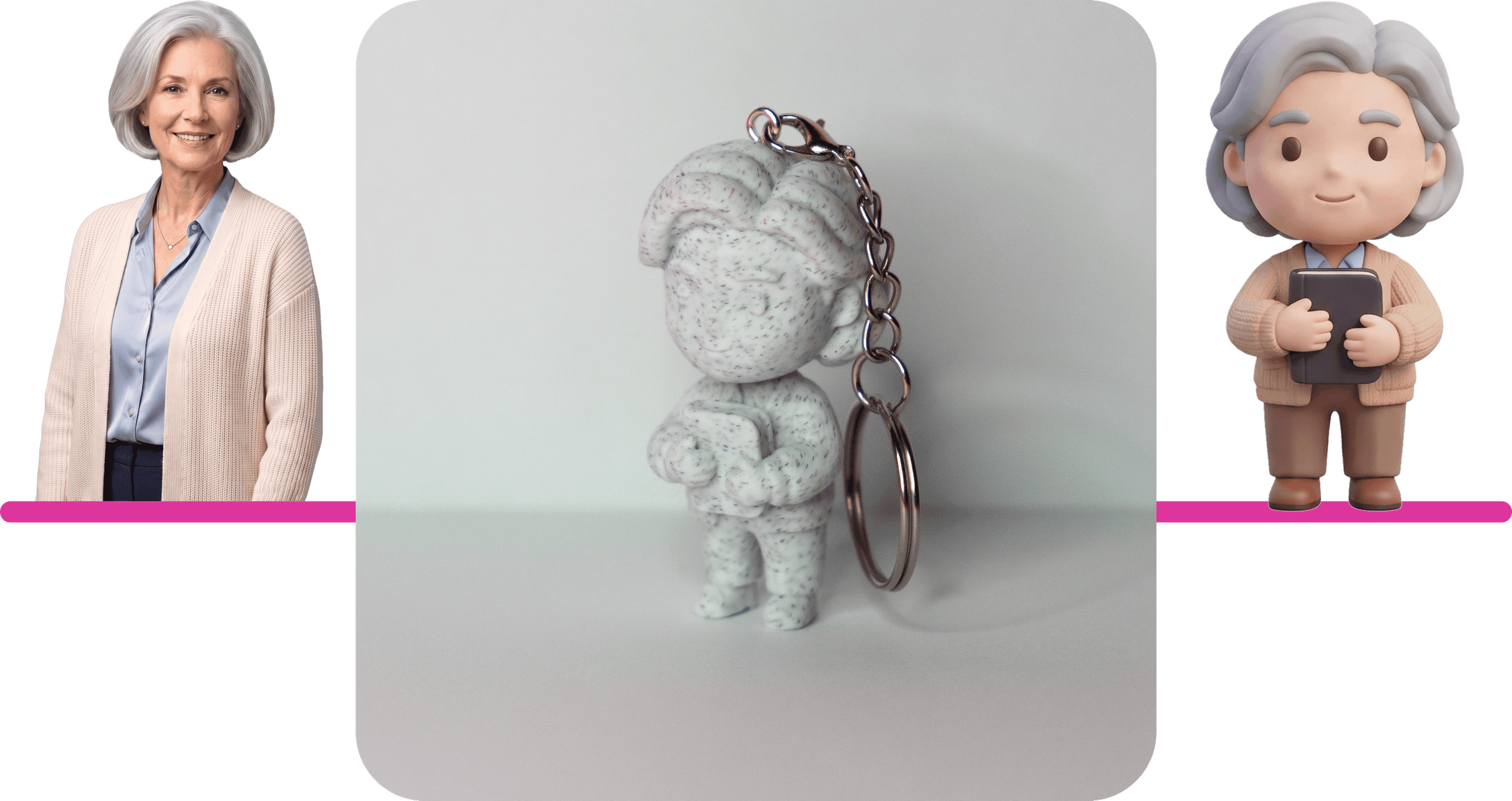 An older woman's photo, her Chibly keychain printed in speckled white marble, and the teacher-theme Chibly design it was printed from — cardigan and a book held to her chest
