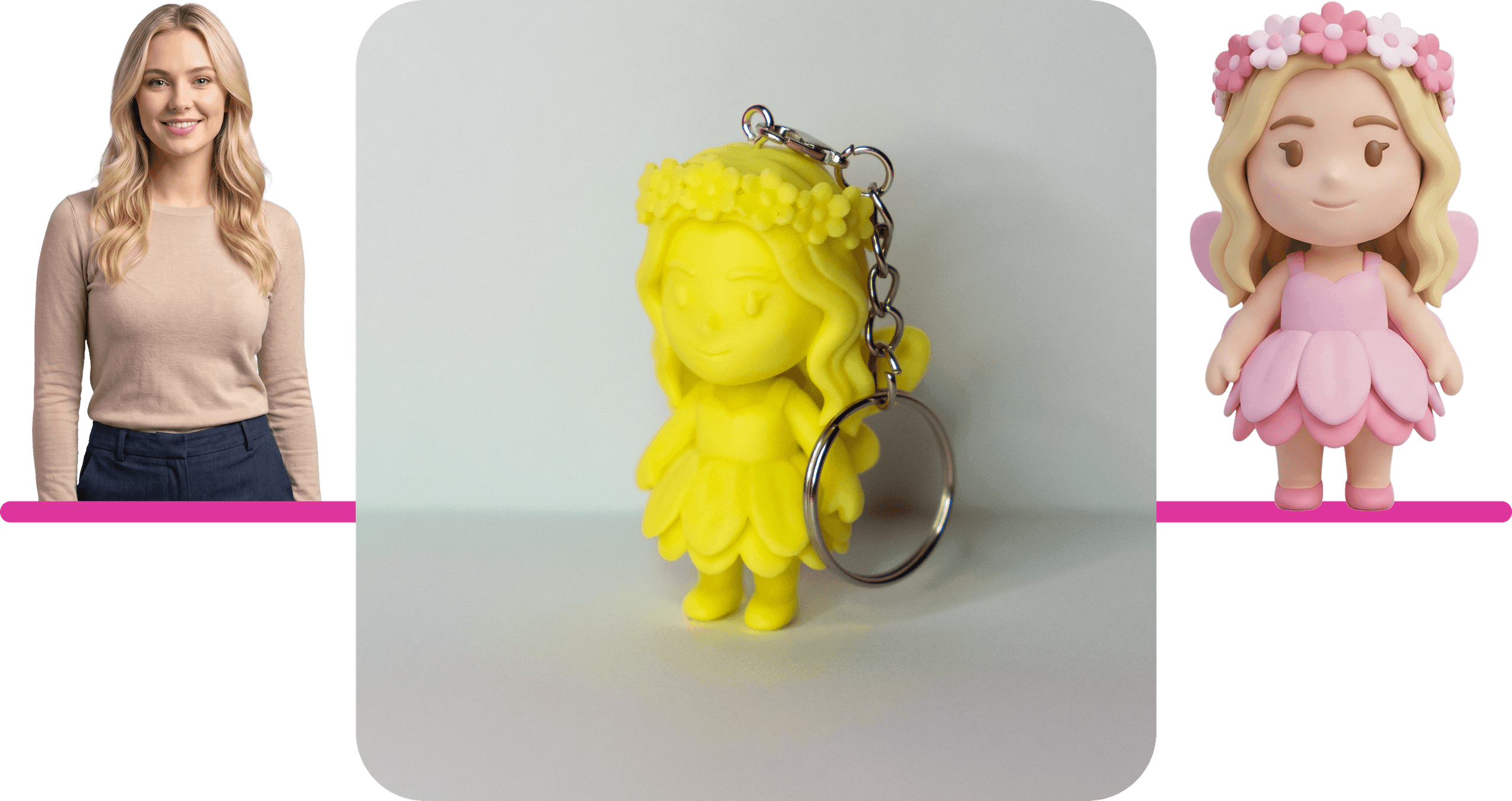 A woman's photo, her Chibly keychain printed in glow-in-the-dark yellow, and the fairy-theme Chibly design it was printed from — petal dress, wings, and a flower crown