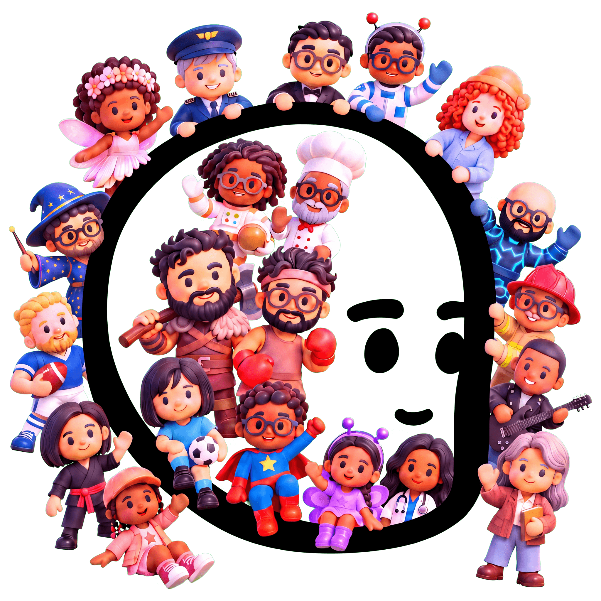 A crowd of cute Chibly characters — a fairy, a pilot, an astronaut, a wizard, a chef, a footballer, a superhero, a doctor, a firefighter, a rock star and more — gathered around and peeking over the big black-outlined Chibly face logo, with a bearded viking and a boxer front and centre