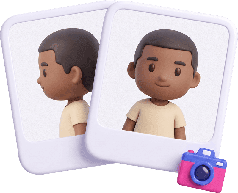 Two polaroid photos of the same person, one from the front and one from the side